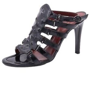 Bottega Veneta Black Patent Leather Embossed gladiator caged heels 38.5